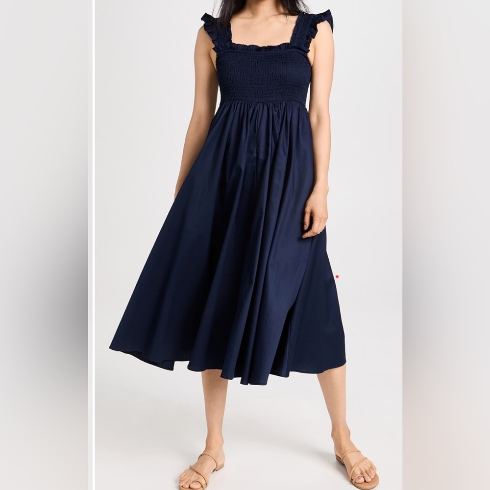 Petite Plume Navy Cotton Twill Margaux Smocked Midi Dress Size Large